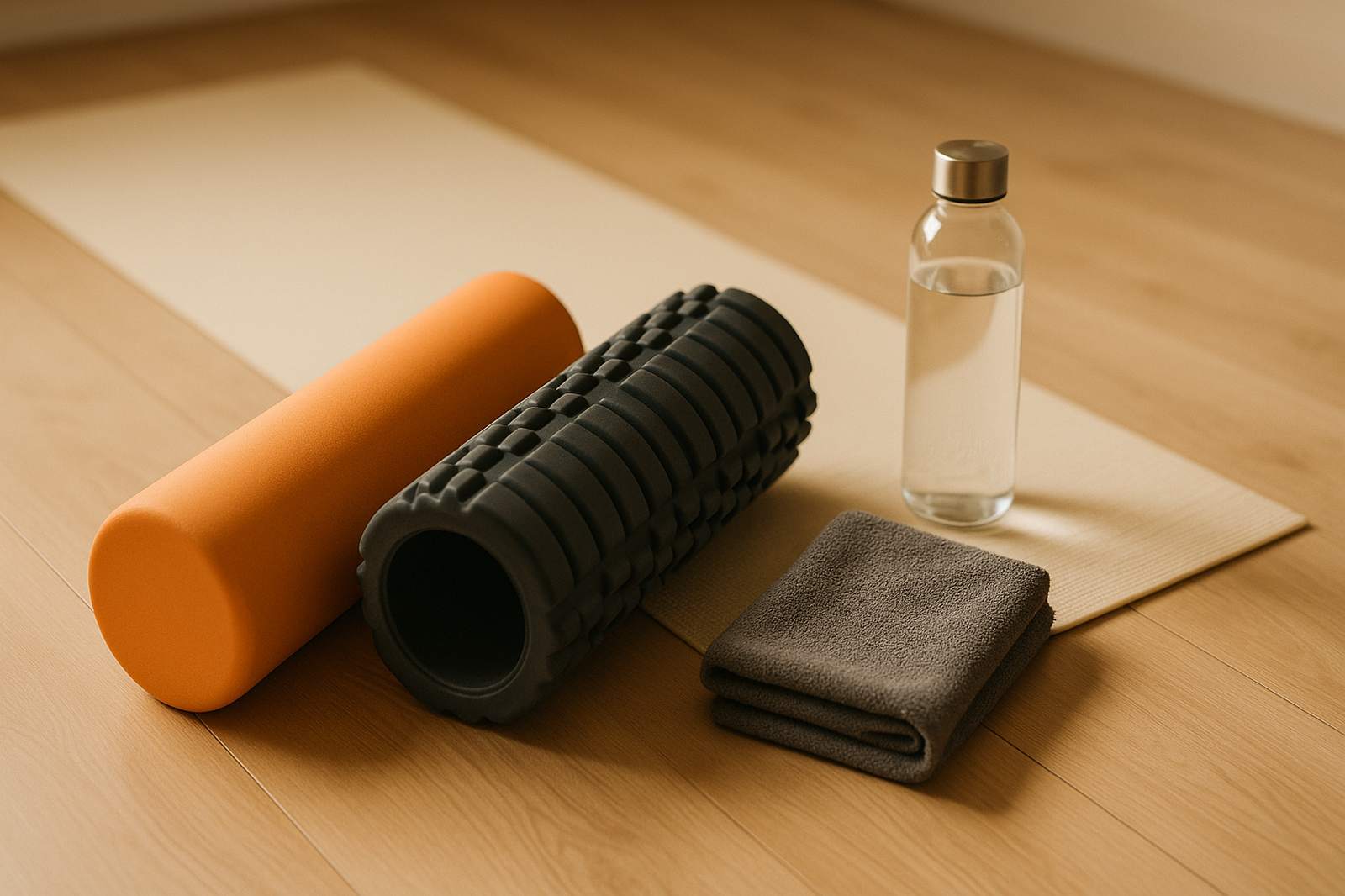Oranje EVA foam roller en grijze grid foam roller op een houten vloer met yogamat, waterfles en handdoek