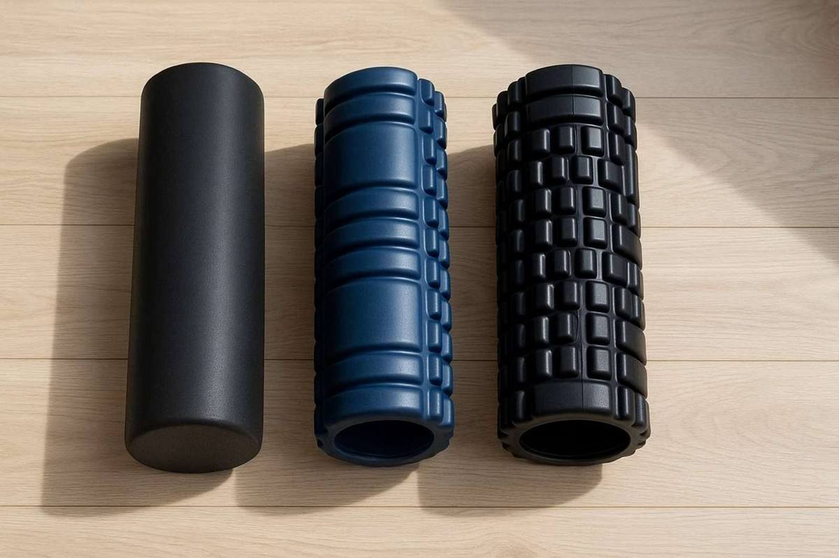 Drie foam rollers naast elkaar: gladde EVA, blauwe grid en zwarte deep-grid voor vergelijking van density en textuur