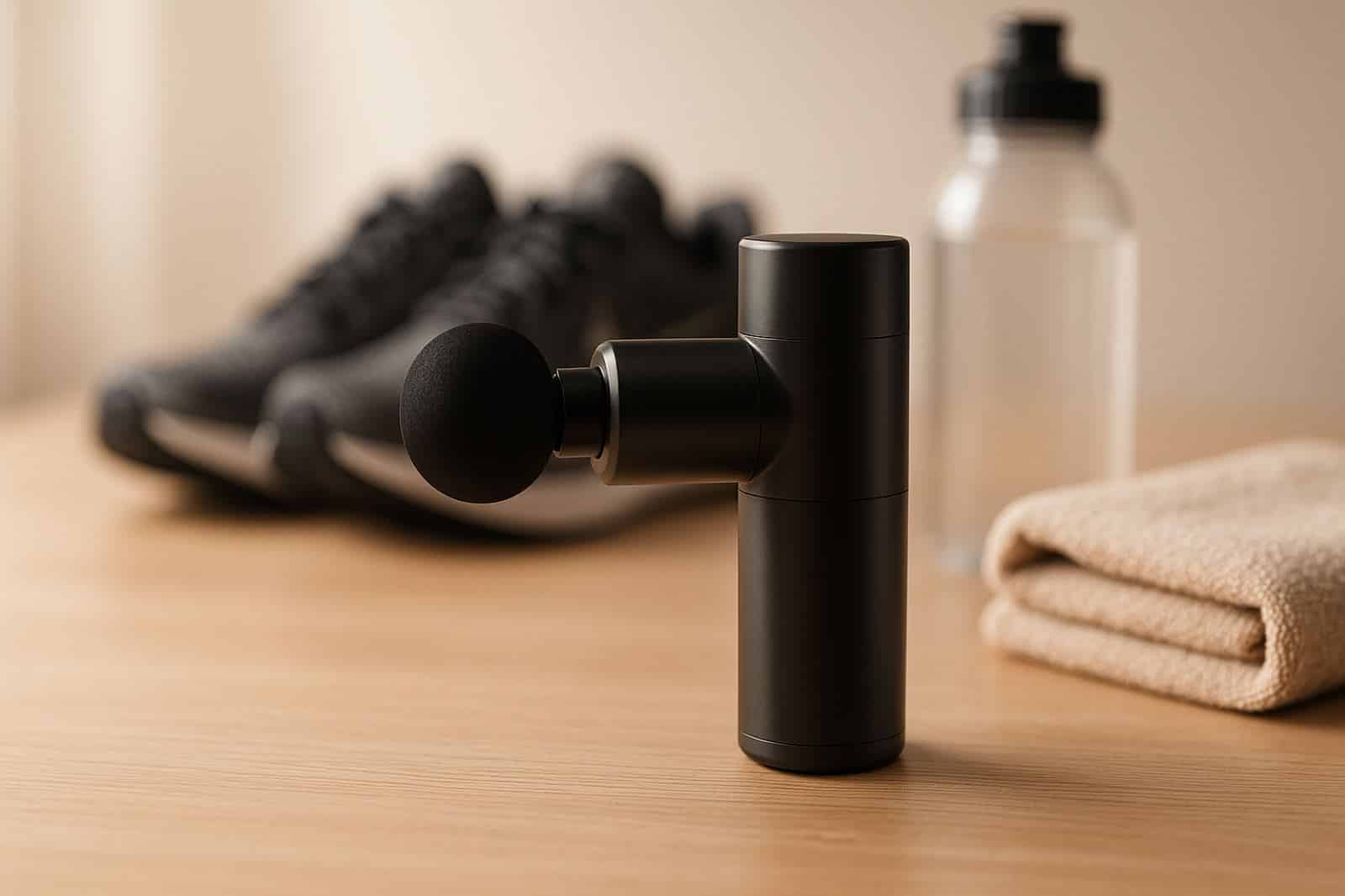 Pulsio Air mini massage gun met round ball-opzetstuk naast hardloopschoenen, bidon en handdoek