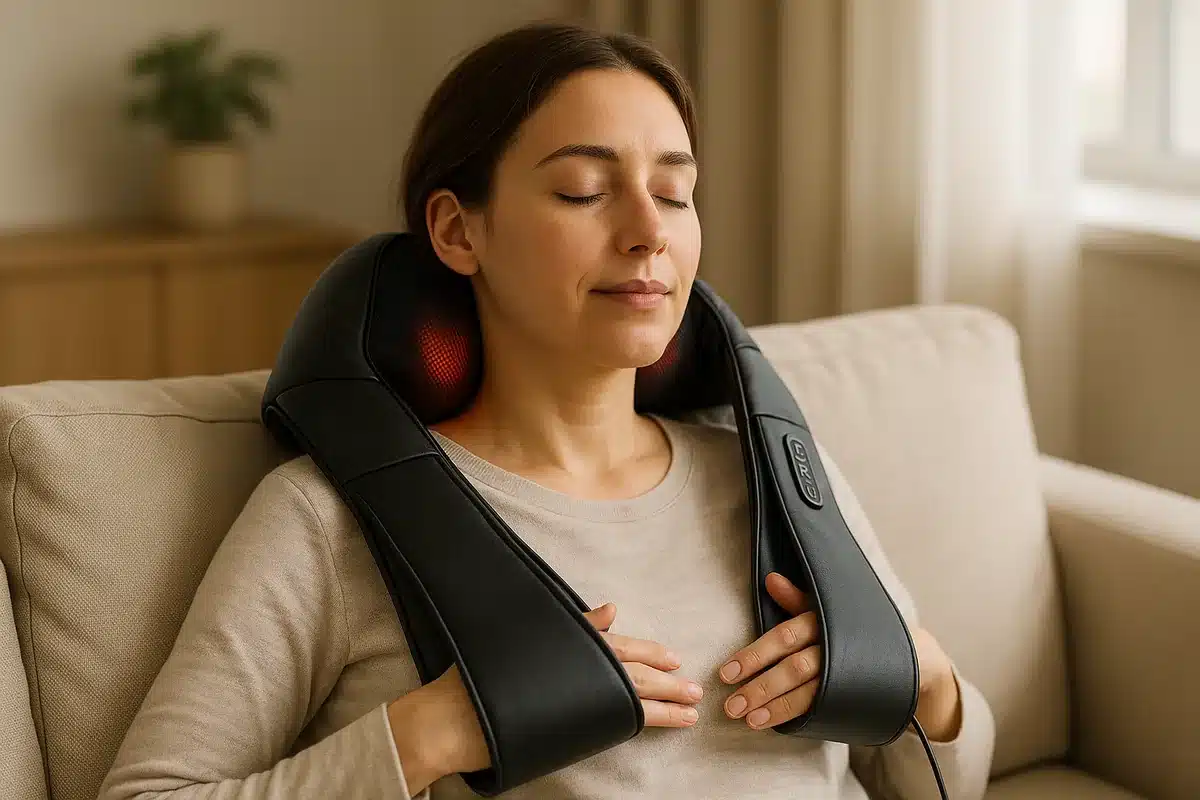 Vrouw gebruikt het nek- en schoudermassage apparaat van Action op de bank